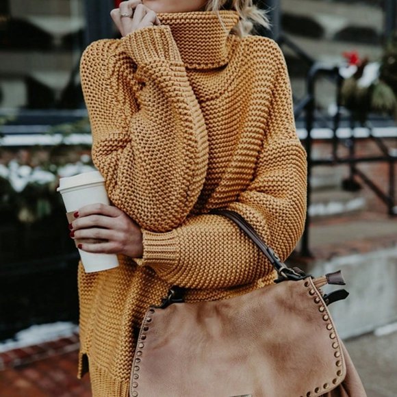 Mustard Casual Womens Turtleneck Drop Shoulder Sweater - Picture 4 of 5